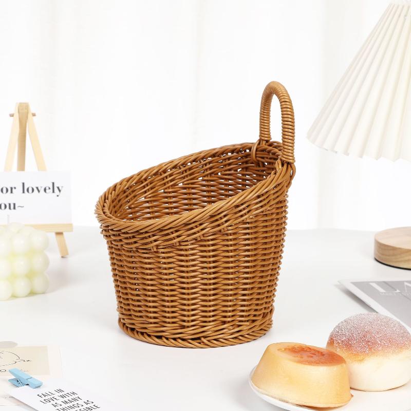 Imitation Rattan Kitchen Storage Basket Brown With Handle Hand-Woven Hanging Baskets Vegetable Fruit Flower Sundries Organizer
