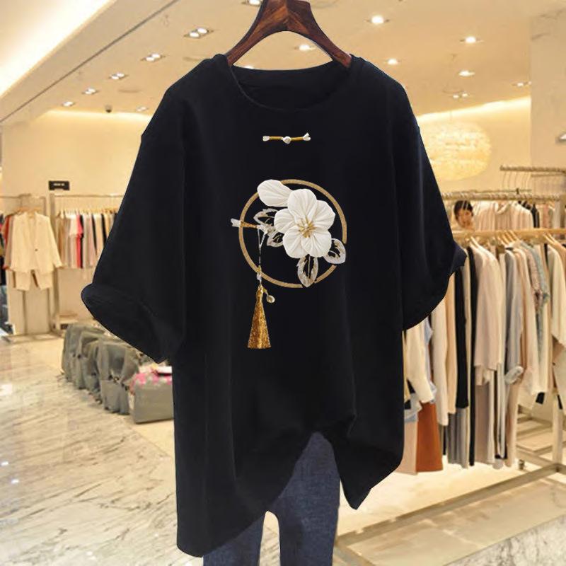 New Chinese Style Pure Cotton Medium and Long Short-sleeved T-shirt Women's Summer New Product Butt-covering and Thin Large-size T-shirt Top