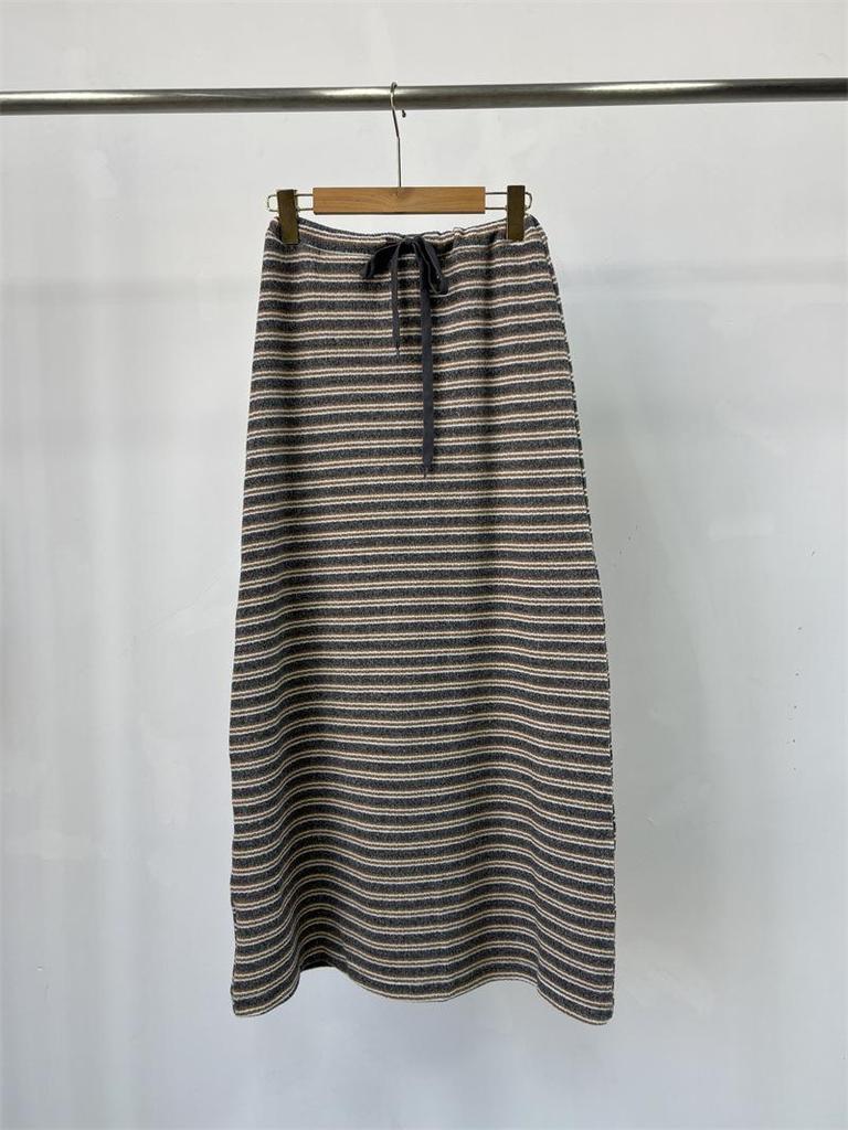 2025 Autumn/Winter Women's Korean Long Tie-Waist Striped Half Brushed Skirt