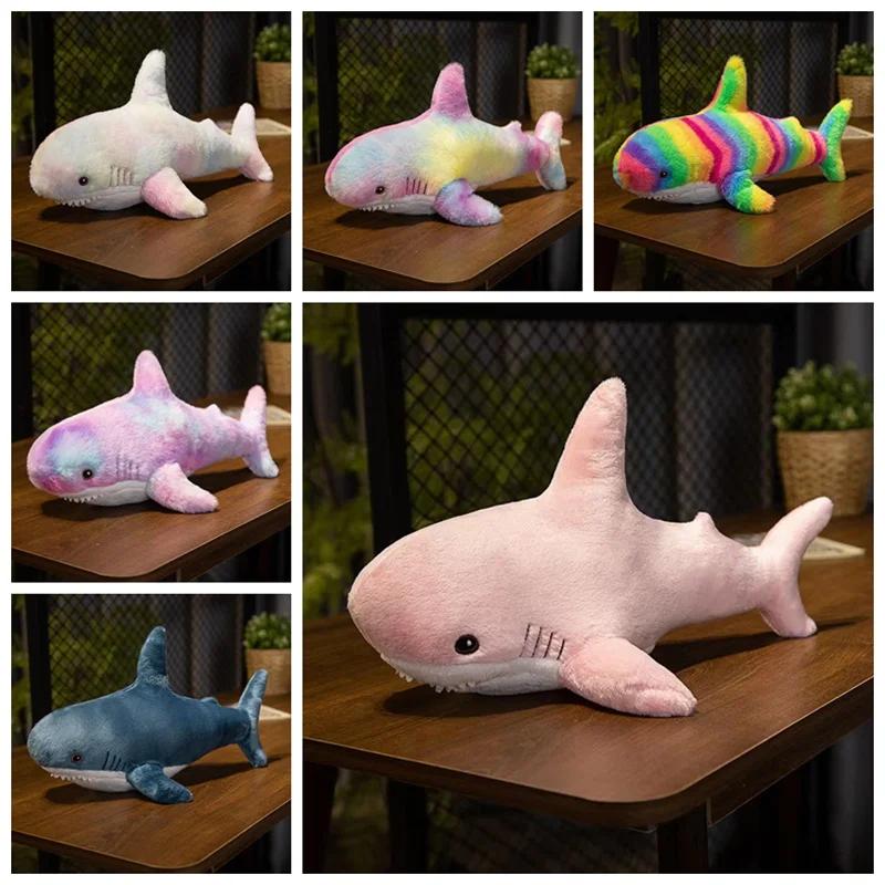 45/60cm Colorful Rainbow Shark Doll Plush Toy Fuzzy Long Plush Underwater Animal Plushie Sleeping Companion Birthday Gift Kids