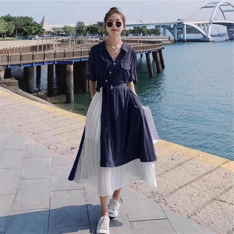 Summer new shirt short-sleeved dress high-end thin waist design sense niche a-word long dress women