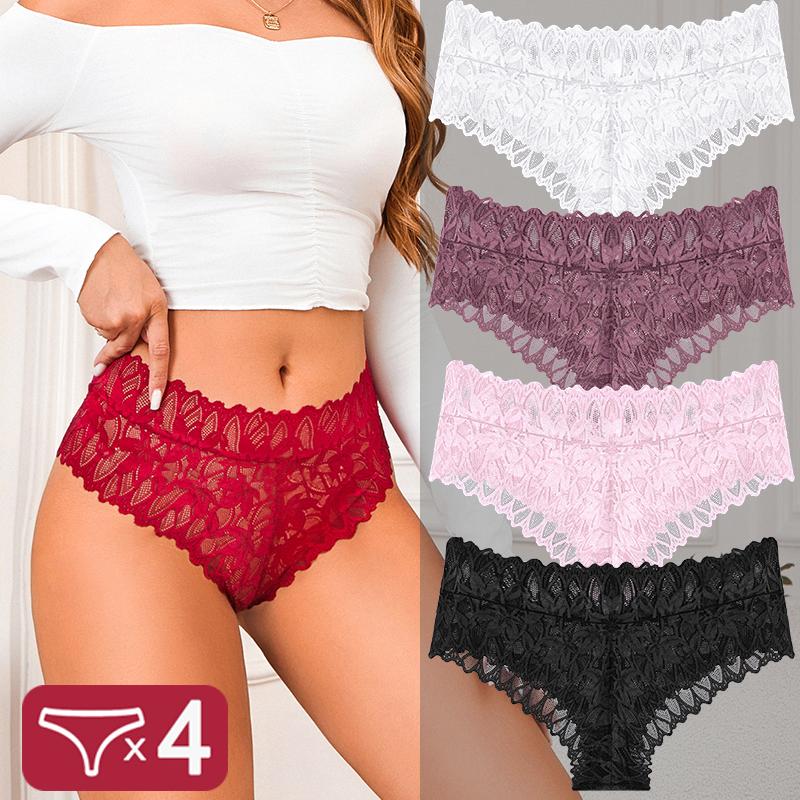 4PCS Women Floral Lace Panties Sexy Perspective G-String High Waist Solid Color Underpants Female Breathable Intimates Lingerie