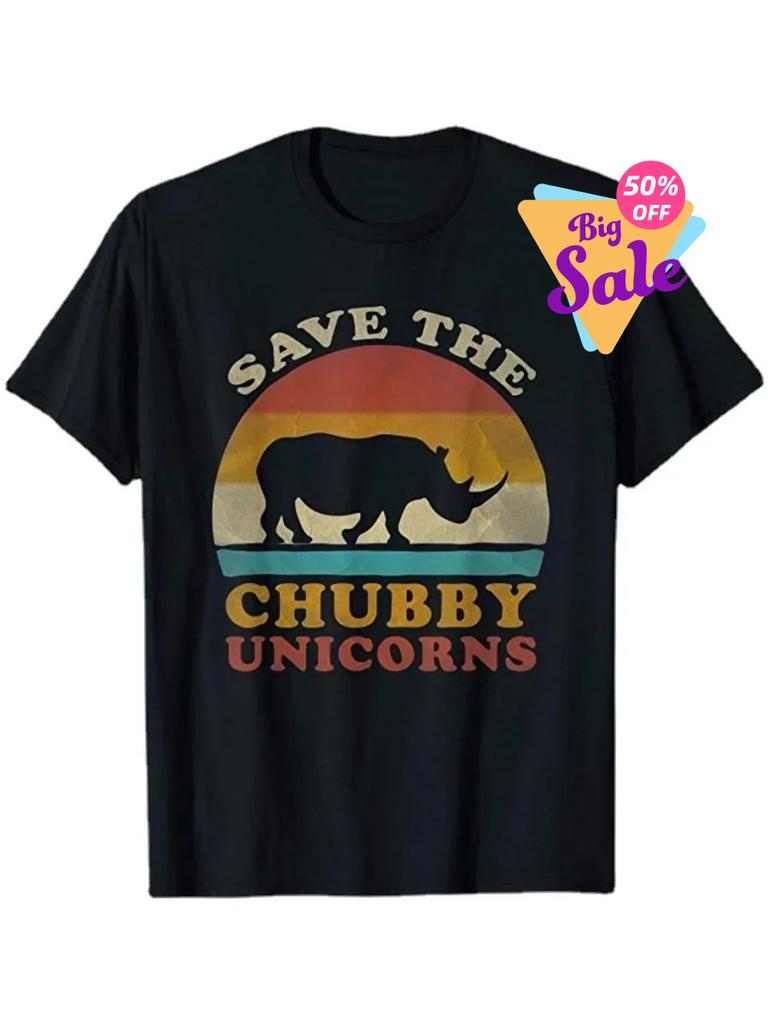 Camiseta Retro Vintage Atardecer Salva a los Unicornios Gordos Rinoceronte Gordo Verano Algodón Manga Corta Cuello Redondo Camiseta Hombre Nueva S3XL