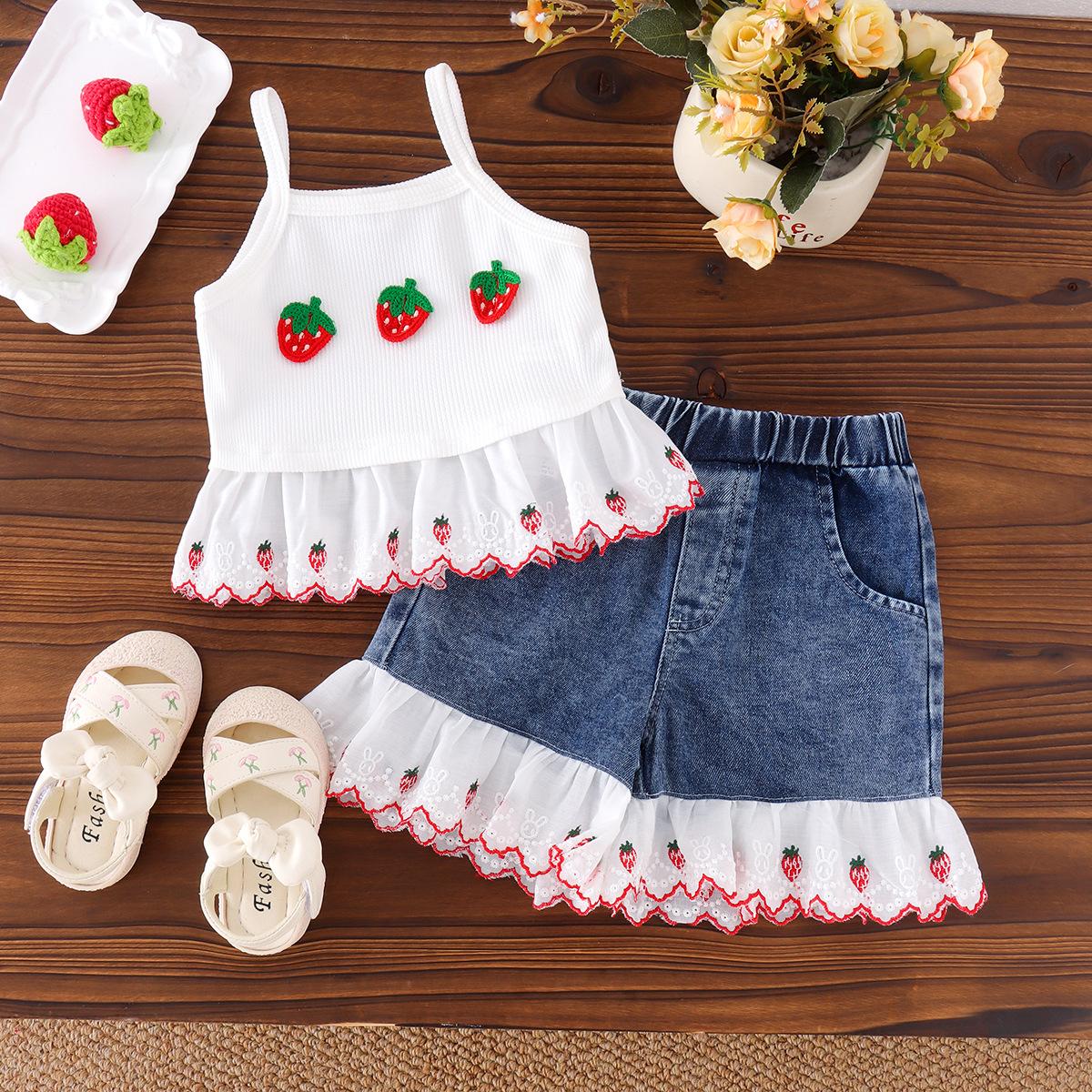 Girls Strawberry Strapless Set: Summer Children s Lace Denim Shorts Two-Piece Set 12-18M