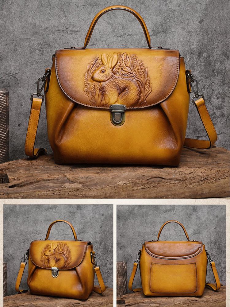 Johnature Rabbit Embossed Handbag Genuine Leather Retro Women Bag Versatile Real Cowhide Handmade Shoulder Bags