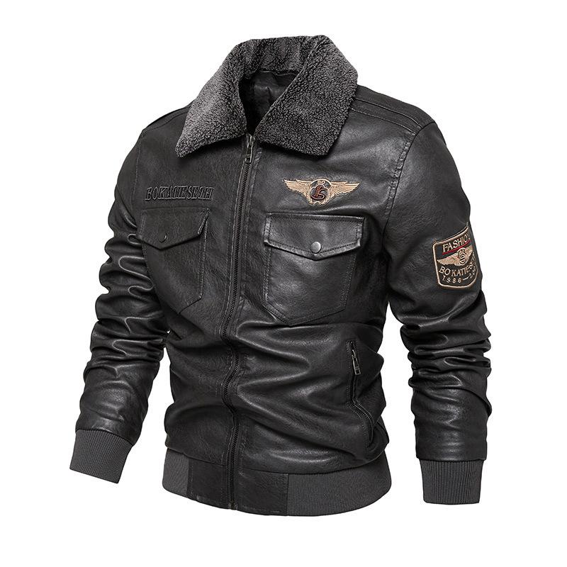 Fleece Fur Collar Windbreaker Coat Male Pu Jacket Men Thick Warm Cashmere Bomber  Artificial Leather Jackets Mens Outwear