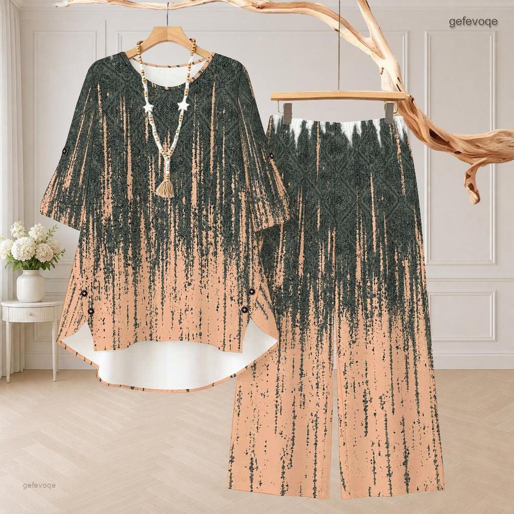 Women Plus Size Printed Two Piece Pants Set Round Neck Half Sleeve High Low Top Long Pants