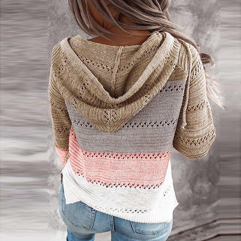 Fashion Women Casual Patchwork Long Sleeves Hooded Sweater Cardigan Blouse Tops