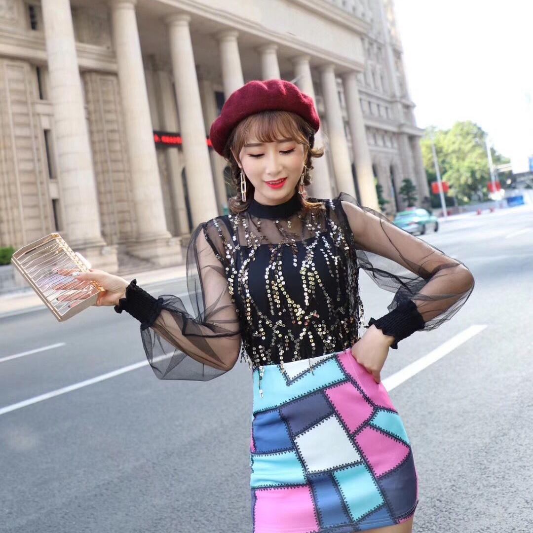 

Осенняя блузка с рукавами-фонариками, верхняя женская одежда, корейская мода, элегантная, шикарная, сексуальная, сетчатая, прозрачная рубашка с пайетками XL чёрный