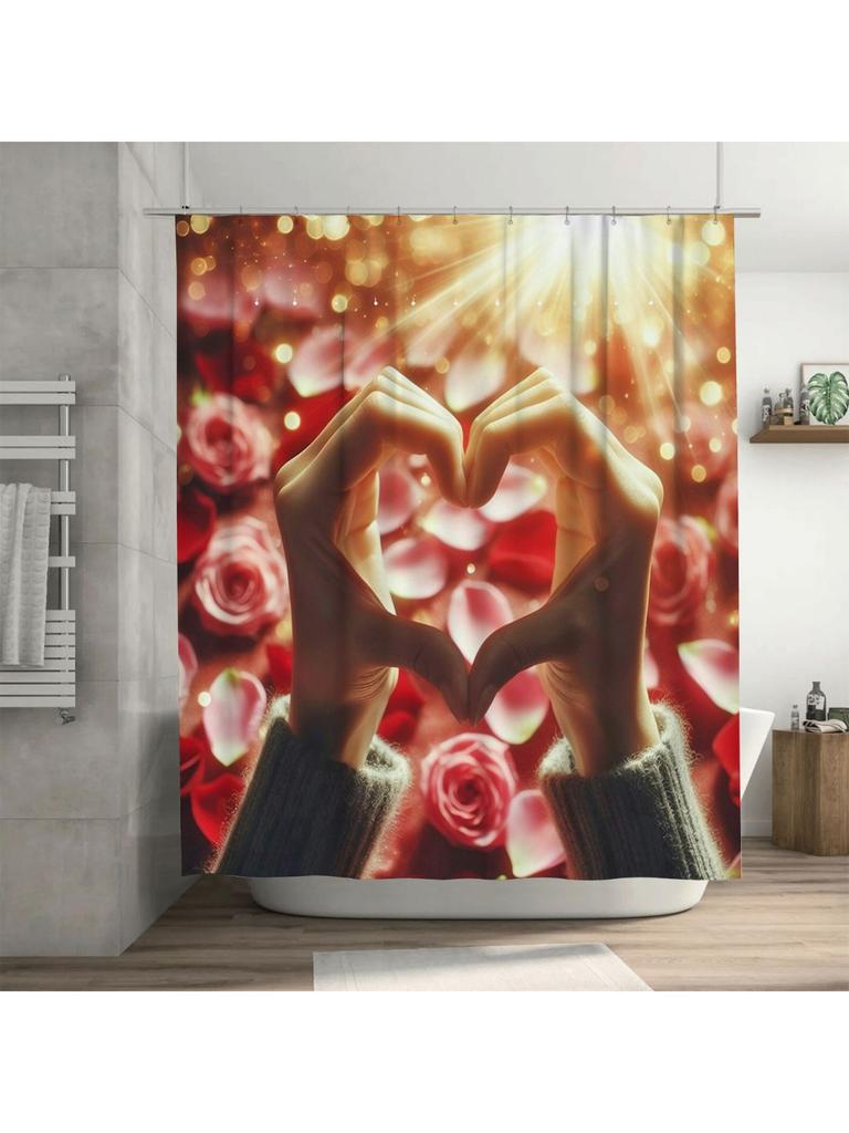 3D Heart Hands Shower Curtain | Romantic Rose Petals Bathroom Decor