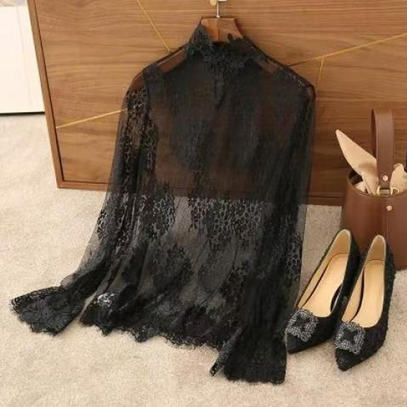 Sexy Damen Spitze Blusen Lang Ausgestellte Ärmel Hoher Kragen Unterwäsche Spitze Hemd Basis Tunika Top Durchsichtig Vintage Unteres Blusentop XL schwarz