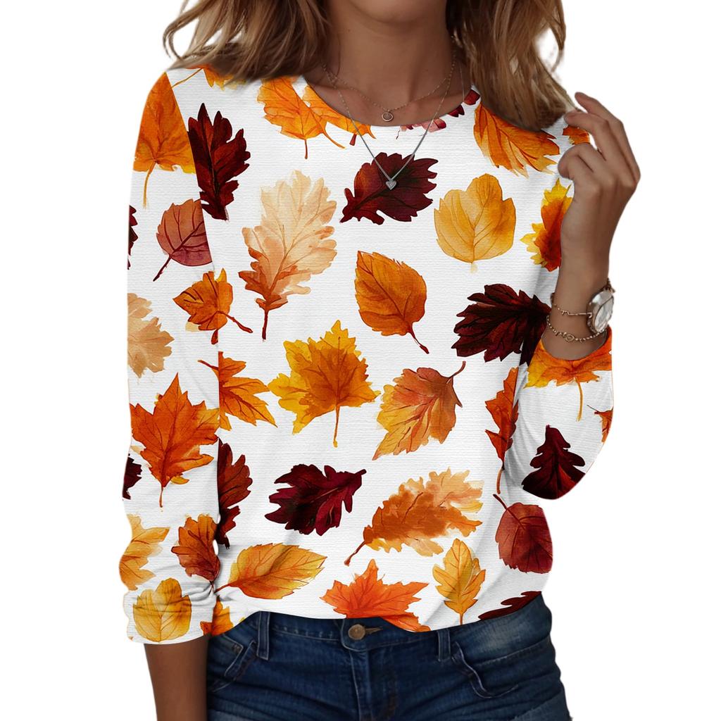 Women's Casual Long Sleeve Blouse with Leaves Print Round Neck Top for Everyday Wear