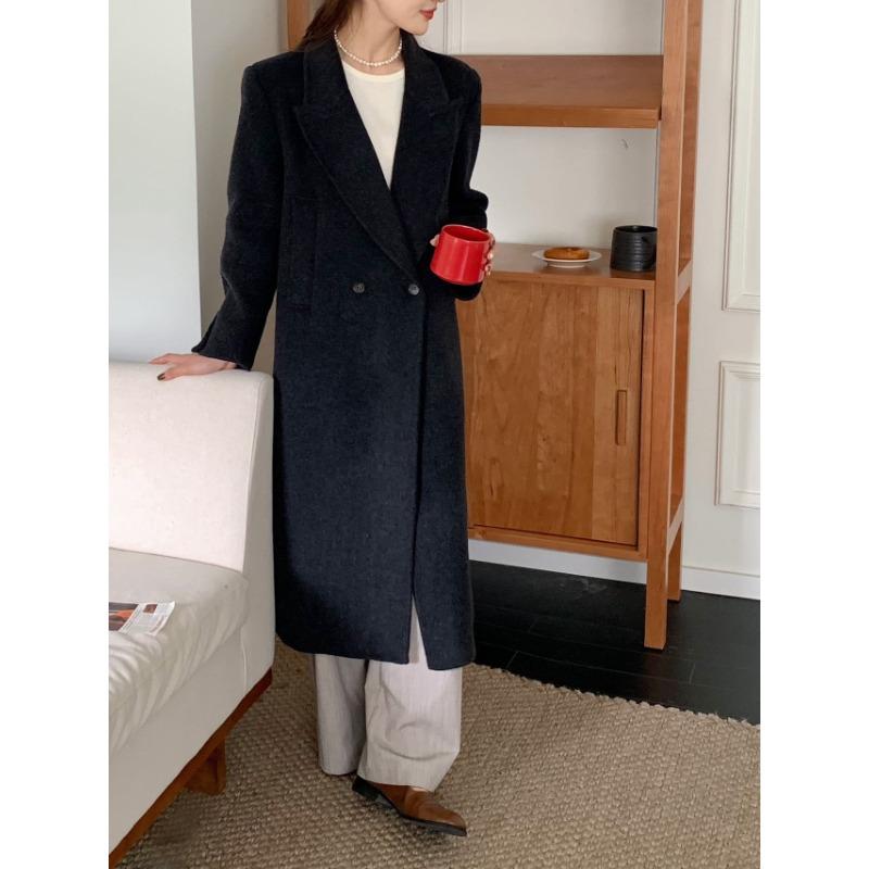 New Autumn and Winter Double-sided Wool Coat with Shoulder Pads, Korean Style Slim Woolen Coat