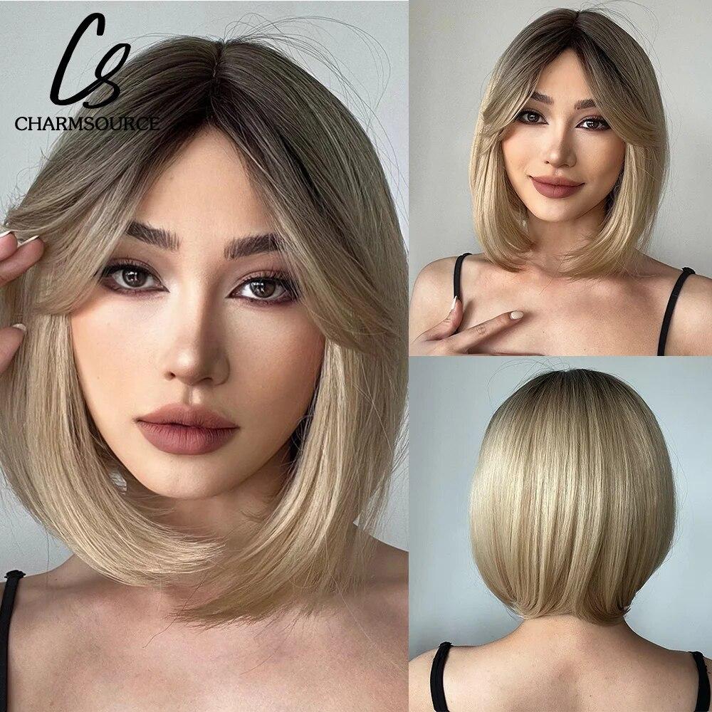 Short Straight Bob Synthetic Wigs with Bangs for Women Brown To Blonde Wig Cosplay Party Daily Heat Resistant Fiber Hair
