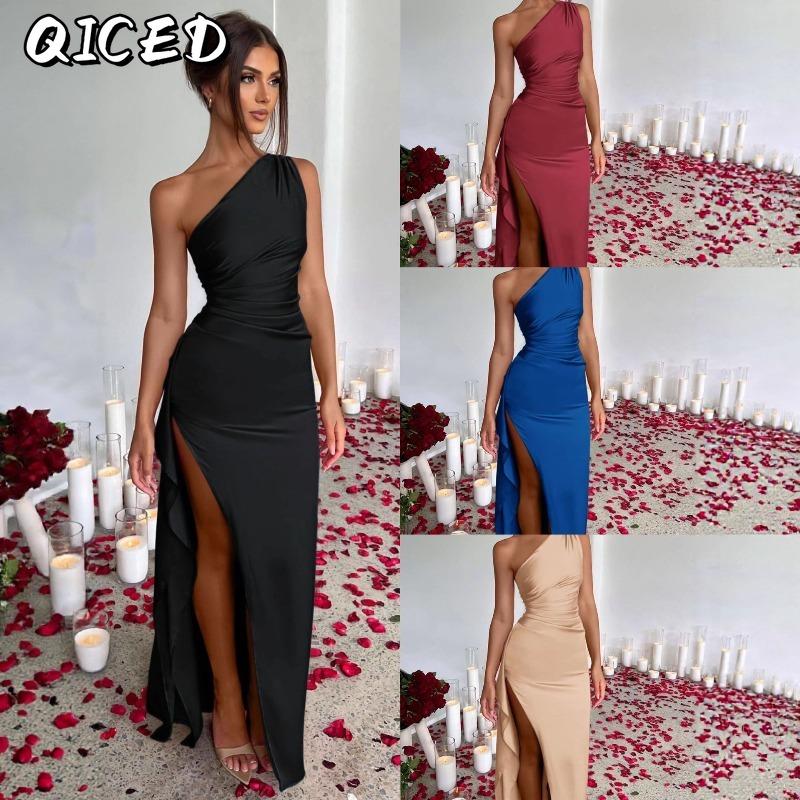 QICED Fashion Summer Spring Solid Color Print Sleeveless Casual Dresses