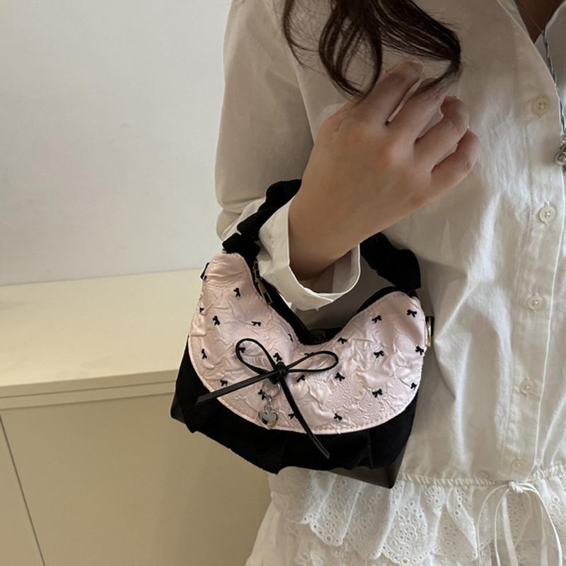 New Lace Plaid Patchwork Handbag French Bow Underarm Bag Small Versatile Cute Sweet Canvas Shoulder Bag Fashion Crossbody Bag