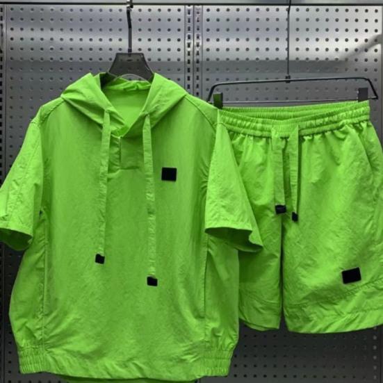 2Pcs/Set Men Summer Outfit Hooded Drawstring Short Sleeve Tops Elastic Waist Pockets