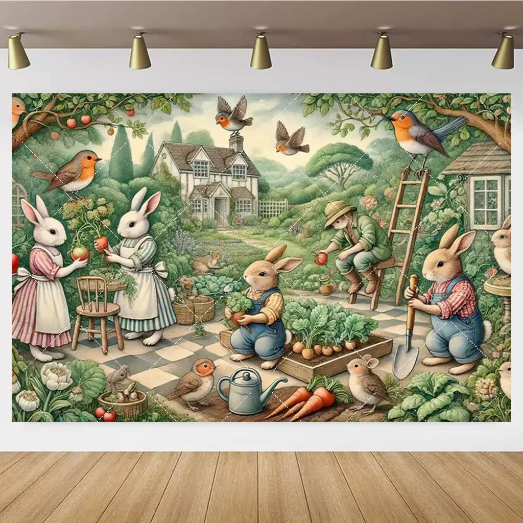 Cartoon rabbit Peter Pan garden children's birthday party backdrop rabbit flower carrot cake table decor gift baby christening party684