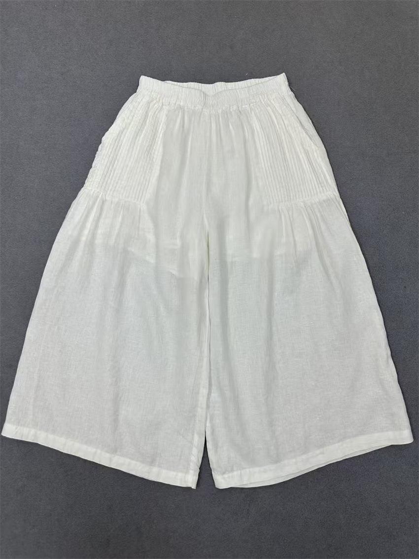 

Johnature Summer Casual Loose Women Pleated Straight Cropped Wide Leg Pants Women One Size белый