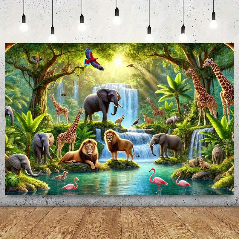 

BEPAN Jungle animals wild lion elephant giraffe theme party background customizable baby first birthday layout background baby shower Vinyl--W120xH80cm