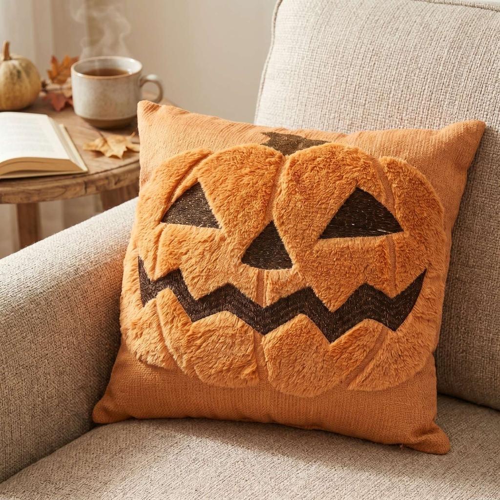 Halloween Pumpkin Pillow Cover Soft Plush Decorative Cushion Case for Sofa Chair Home Seasonal Decoration 18x18 Inches Durable Material