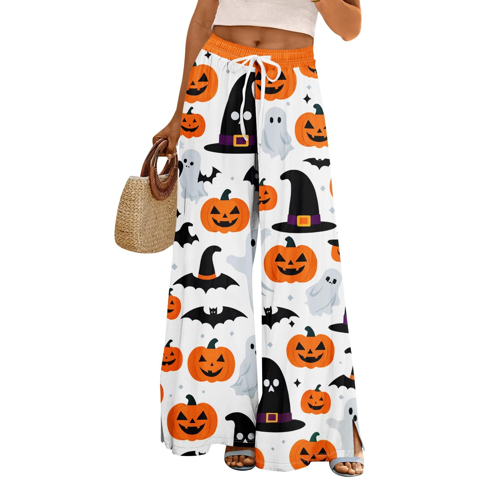

Женские летние брюки палаццо в стиле бохо с высокой талией и широкими штанинами, с принтом на Хэллоуин, повседневные брюки с карманами XL белый