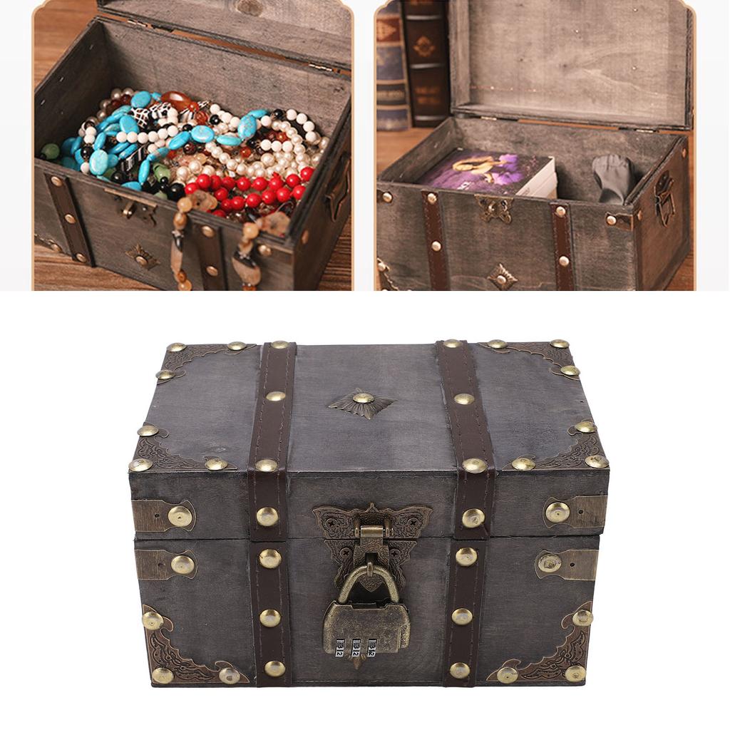 D2 Wooden Organizer Box Treasure Chest Vintage Style Coded Lock Alloy Tipping Wood Wide Application Vintage Jewelry Storage Box