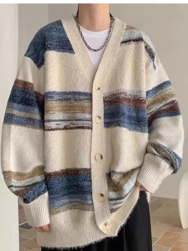 Men's Striped Knit Cardigan: Soft, Casual Autumn/Winter Outerwear, Versatile & Cozy, Unisex Style.