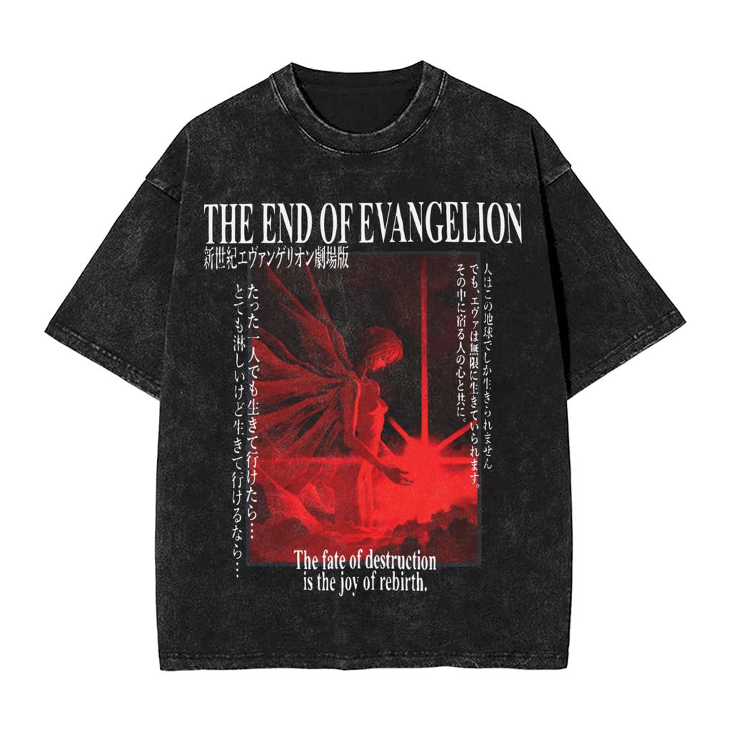 EVA Asuka Langley Soryu Vintage Washed T-Shirt, Neon Genesis Evangelion Anime Graphic Streetwear, Oversized Cotton Tee for Men