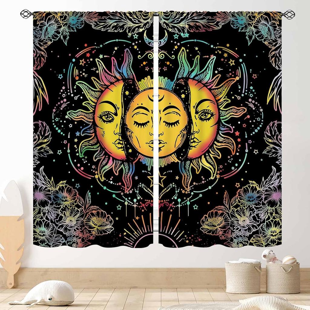 Wild Floral Moon Curtains, Boho Vintage Moon Phase Botanical Mid Century Moonlit Plants Aesthetic Spring Flower Blackout Window