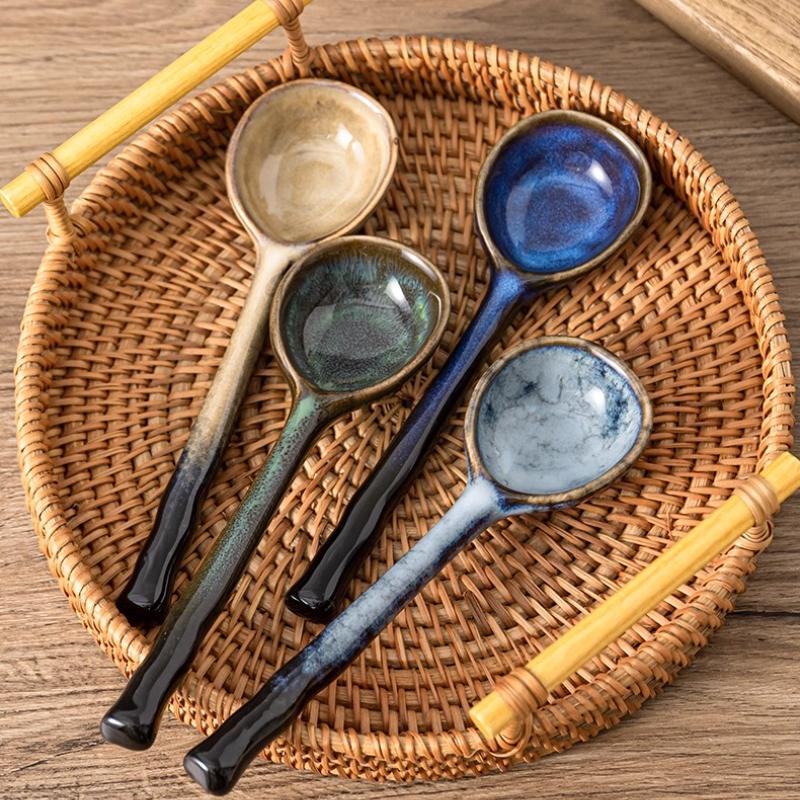 Household Japanese Ceramic Soup Spoon Long Handle Round Head Soup Ladle Congee Spoon Irregular Spoon