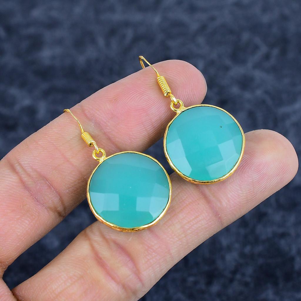 Green Chalcedony Gemstone Handmade 925Sterling Silver Jewelry Earring 1.58" M-3163