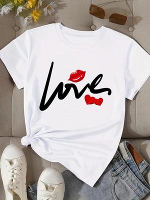 (Asian Size) Sweet Love Letter Tee Top Clothing T Shirt Women Fashion Woman Print Female Short Sleeve Graphic T-shirts