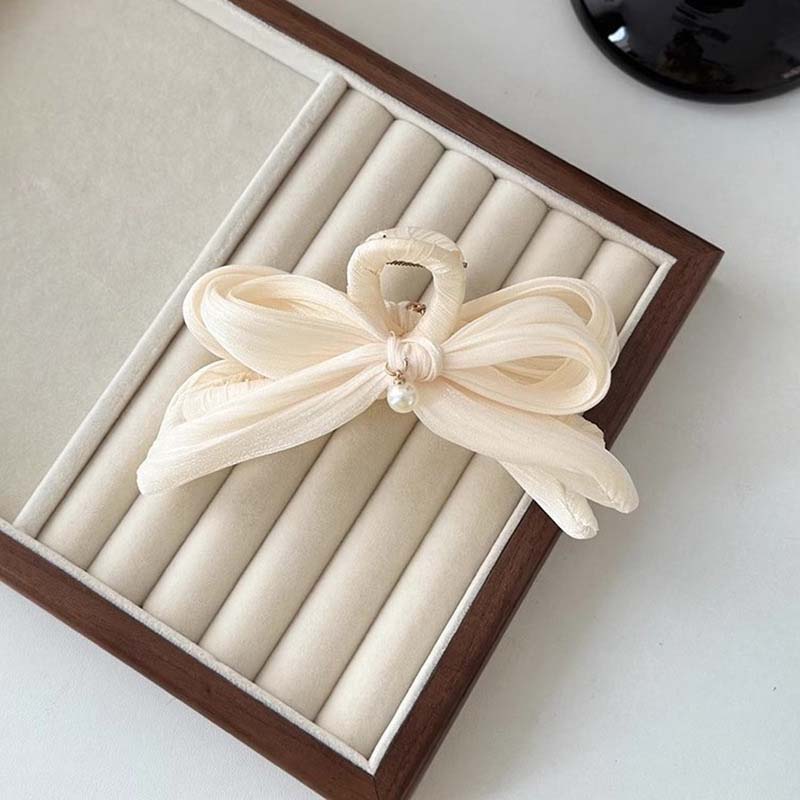 Elegant White Bowknot Hair Claws for Women  Korean Simple Large Size Pearl Mesh Shark Hairpin Hair Claw Hair Accessories