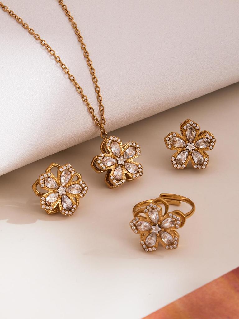 Oumika Oumei Five-Petal Zircon 360° Rotating Jewelry Set: 18K Gold-Plated Earrings, Ring, and Necklace.