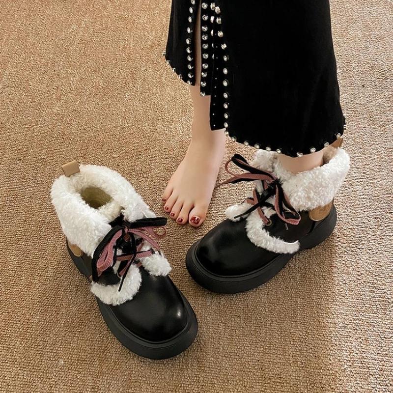 Fashion Snow Ankle Boots for Women Winter New College Style Small Leather Booties with Plush Insulation and Cute Round Toe Cotton Shoes
