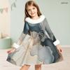 Girls High Neck Long Sleeve Printed Dress Furry Trim Bow A Line Flared Hem