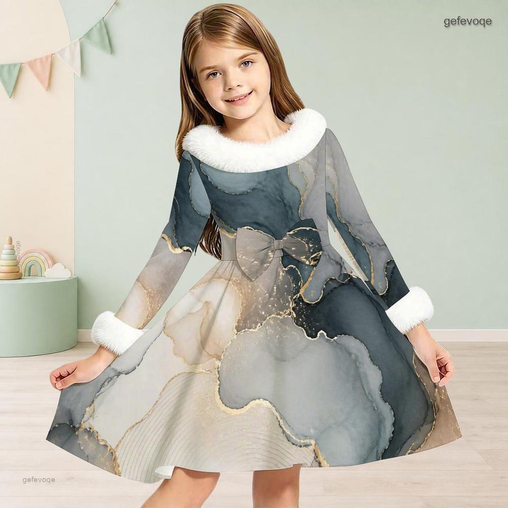 Girls High Neck Long Sleeve Printed Dress Furry Trim Bow A Line Flared Hem