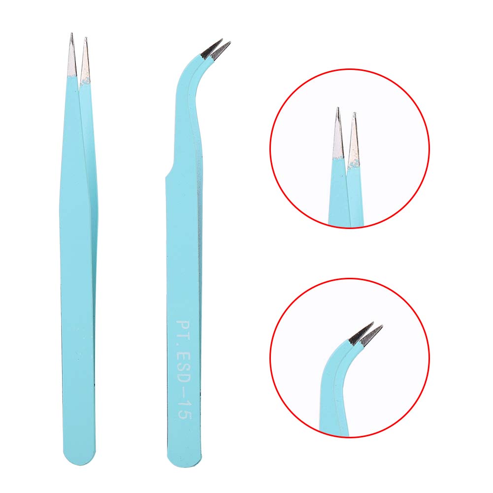 2Pcs Stainless Steel Nail Art Tweezers Anti static Straight Curved Head Manicure Tweezers Blue