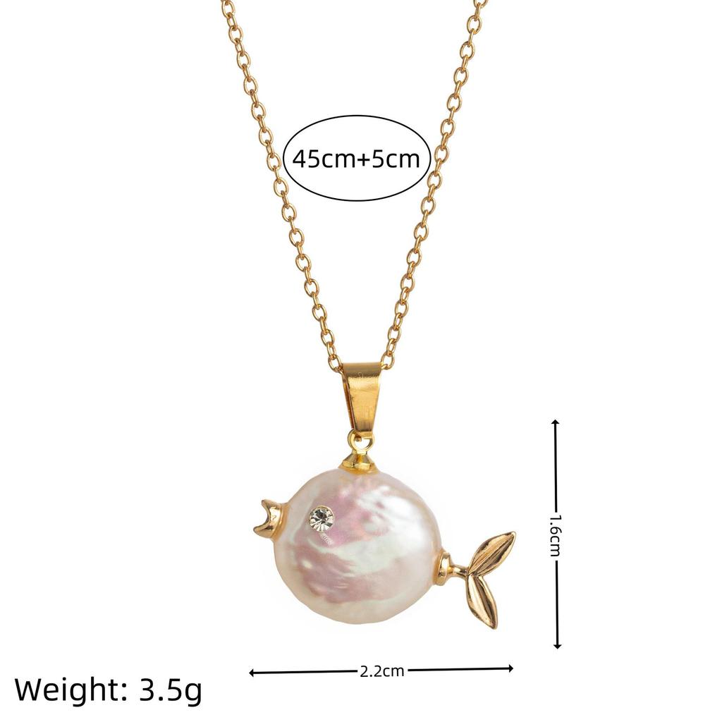 Ocean World Clownfish & Pearl Necklace - Kissing Goldfish Pendant On Colorfast Collarbone Chain
