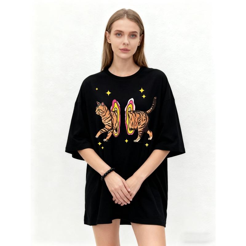 Oversized T Shirt Black Tiger Print With Cosmic Design Casual Wear For Women