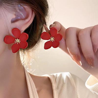 Simple Five Petal Big Red Color Flower Stud Earrings Women Metal Zircon Personalized Geometric Exaggerated Christmas Gift