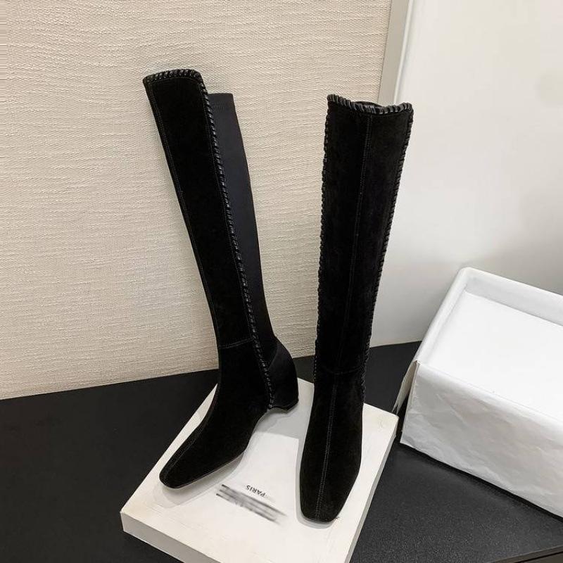 

Осень и зима универсальные модные ботинки однотонные кожаные на среднем каблуке большого размера женские ботинки резиновая мягкая подошва коровья замша кожа танкетка высокий каблук привет 39