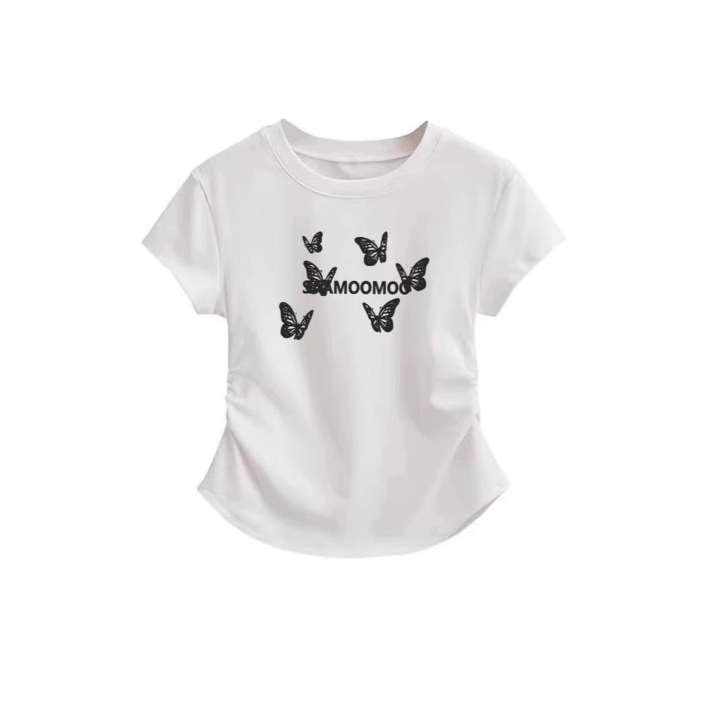 New American front shoulder pinch waist fold slim fit short sleeve T-shirt butterfly print high-end top women