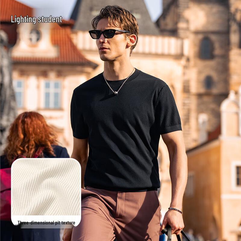 Men s Solid Color Round Neck Knit T-Shirt L (175)