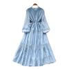 French Court Style Bubble Sleeve Dress Women's Autumn Hollow Crochet Drawstring Waist Temperament Beautiful and Chic Long Dress