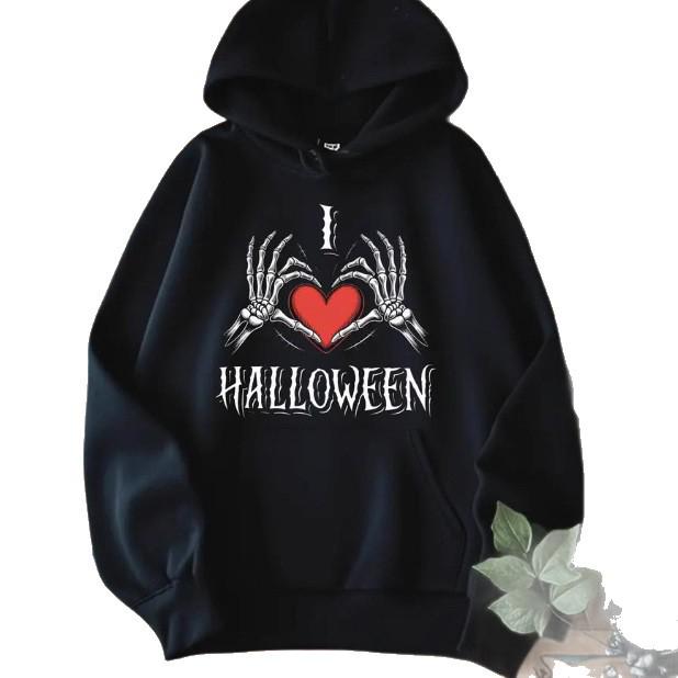 2025 European Fashion Skull & Heart Print Women's Halloween Hoodie with Pocket
