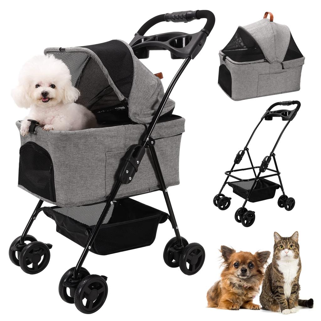 Lukang Pet Foldable Pet Cart for Small 360 Degree 4 Wheels with Separate Pet Cat Trolley with Storage Basket and Cup Suitable for Small To Medium Dogs