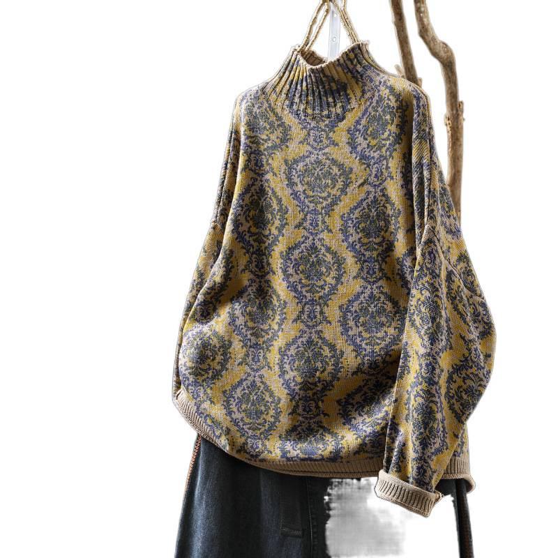 Vintage Ethno-Print Damen Halbhoher Kragen Übergröße Locker Gestrickter Pullover für Herbst/Winter