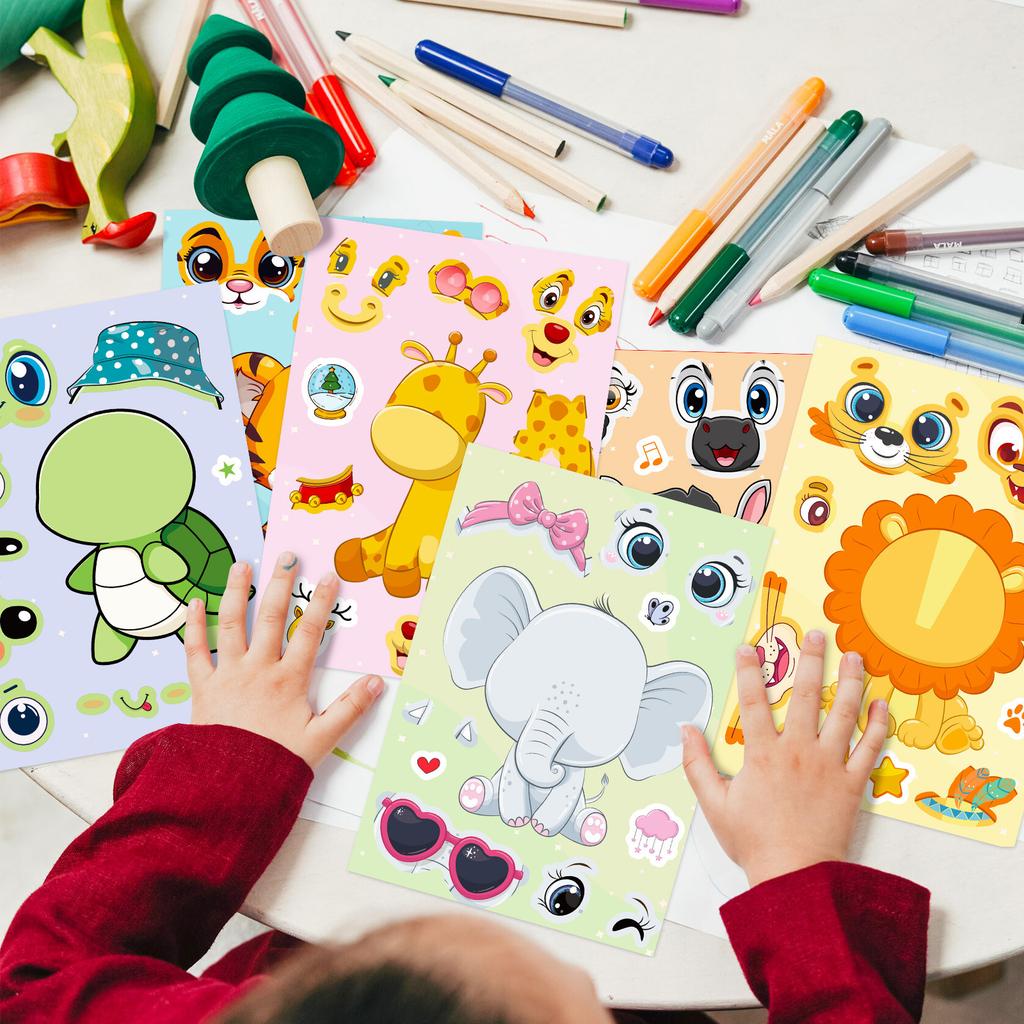 Children Cartoon Animal Stickers Kit 6 Sheets Face Make-a- Decals ideal for Notebook Phone Laptop Stationery Decor Gifts Ideal For Kids